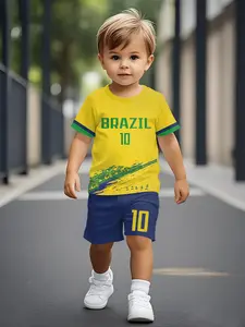 Kids Teen Brazil 10 Soccer T-Shirt and Shorts Set, Blue Sports Casual Fashion, Two-Piece Set for Children