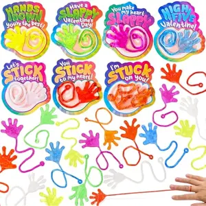 28 Pack Valentine's Day Sticky Hands with Cards, Classroom Exchange Gift for Kids, Classroom and Holiday Reward Prizes, Party Favors, Valentine Greeting Cards