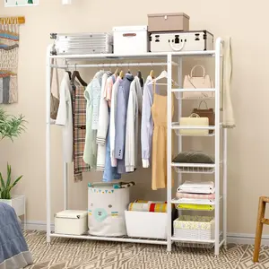 Wardrobe Closet, Metal Portable Clothing Rack with Hanging Rod and 5 Baskets, Freestanding Clothing Rack with 2 Shelves, Closet Organizers and Storage System for Bedroom-White