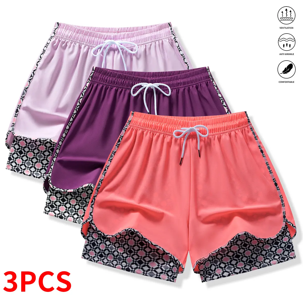 3PCS Women’s Anti-Exposure Layered Stretch Sports Shorts – Quick-Dry Polyester Camouflage Casual Sport Bottoms for Running and Fitness, Summerwins