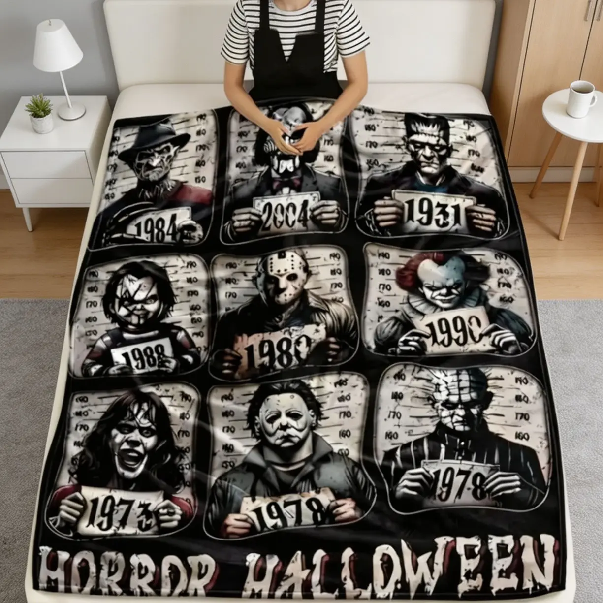 Funny Horror Icons Flannel Blanket, Soft Cozy Plush Throw for Sofa Bed Dorm, Halloween Gift Blanket for Adults & Kids