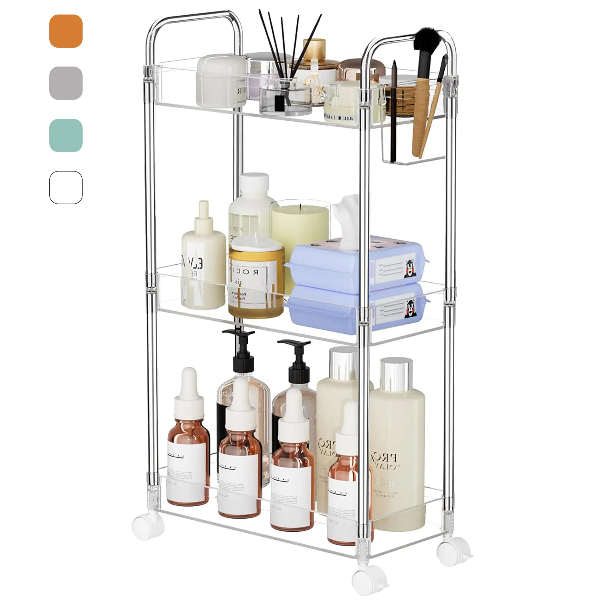3 Tier Acrylic Storage Rolling Cart Clear Bathroom Cart Organizer, Transparency Laundry Room Organization Mobile Shelving Unit Multifunction Rolling Utility Cart for Office Living Room｜Amber｜Gray｜Green｜Clear