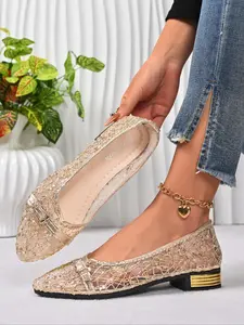 Women's Silver Lace Sequin Flats, Buckle Decor Pointed-Toe Low Heel Shoes, Sheer Mesh Breathable Footwear, Elegant Party Wedding Bridal Dress Shoes, Stylish Casual Formal Evening Prom Shoes, Comfortable All-Match Daily Commute Shoes