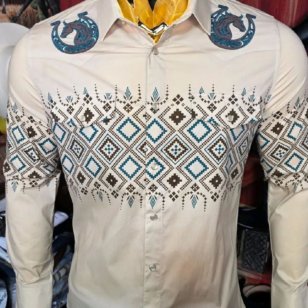 Lamasini Men's Embroidered Denim Shirt - Casual Menswear with Unique Patterns and Designs