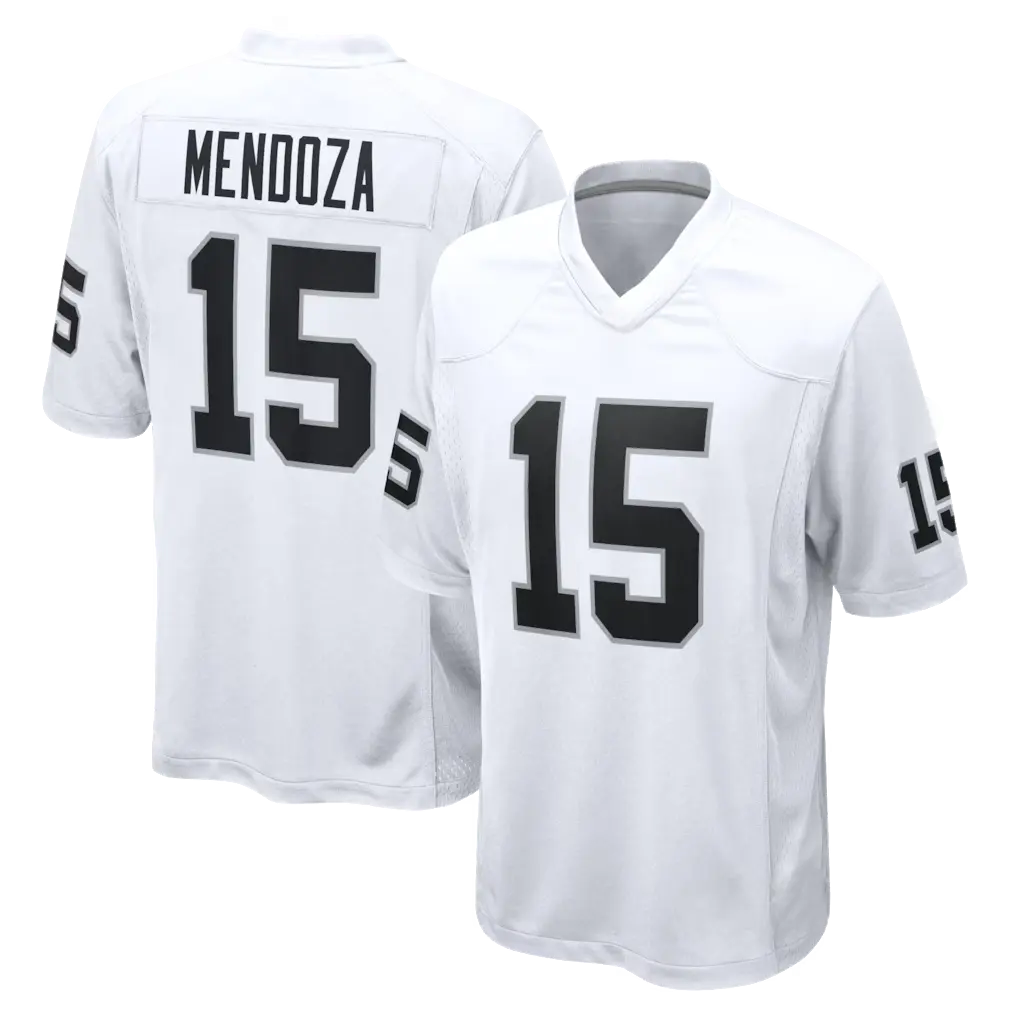 Full Print White/Black Mendoza #15 Football Jersey, Men's Breathable V Neck Short Sleeve Athletic Shirt, Team Game Uniform, Sports Fan Apparel, Unisex Gift for Football Fans