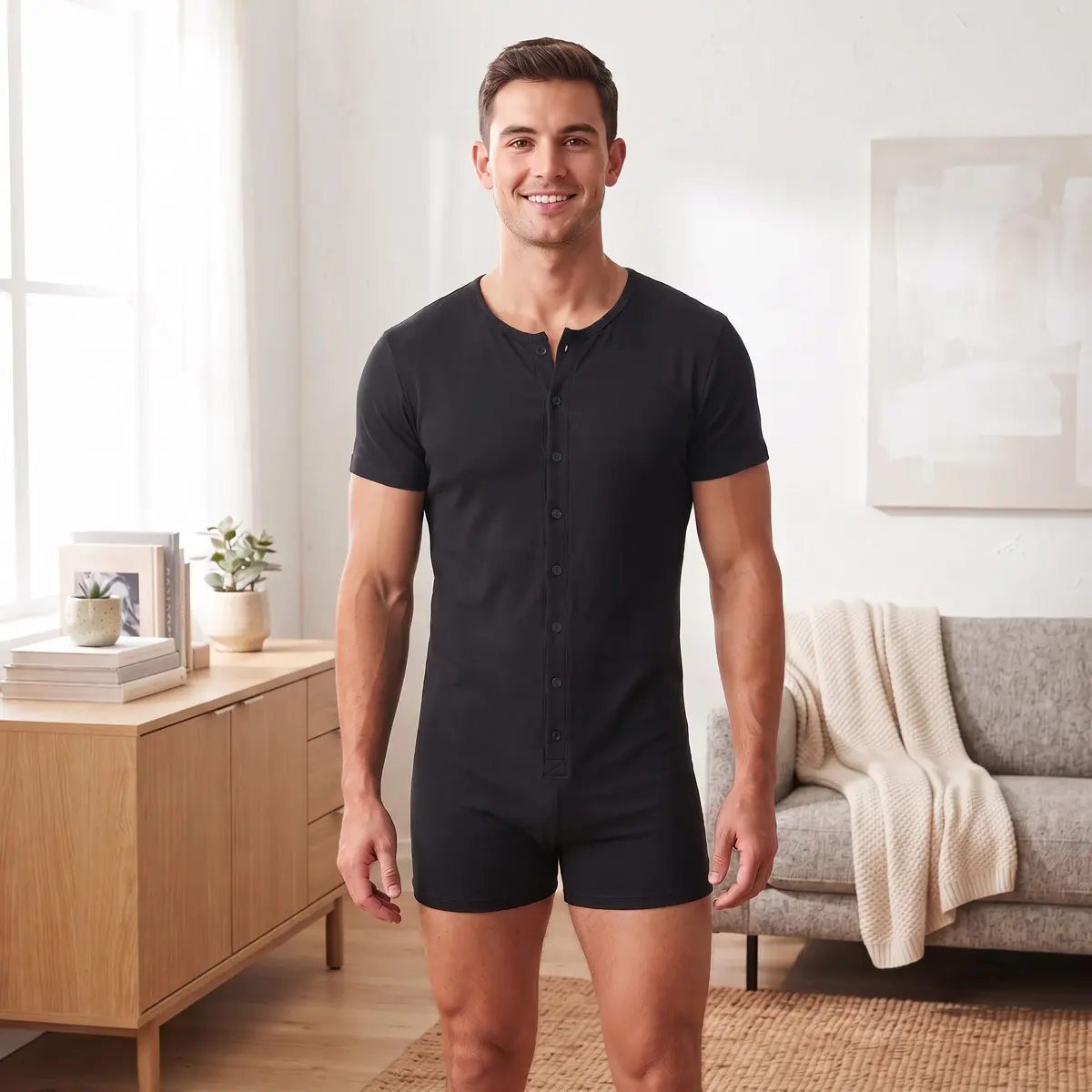 Men's Henley Romper, Short Sleeve Stretchy Knit Cotton Jumpsuit, Sexy Streetwear Loungewear with Comfortable Boxer Bottoms, Casual, Pajamas, Overalls, Minimalist, Athletic, Menswear, Activewear, Mens Clothing, Relaxed Fit, Knitting, Plain Homewear Beige