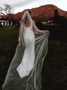 Bridal Handmade Beaded Pearl Wedding Veil, Trailing Veil, Elegant Bridal Hair Accessory for Photography, Perfect for Weddings & Special Occasions