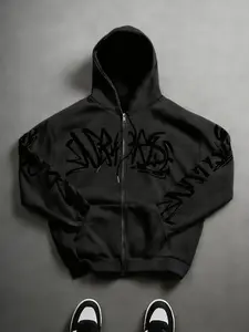 Tiktok Trendy Graphic Zip Hoodie, Graffiti Print Loose Hooded Sweatshirt, Comfortable Casual Daily Wear for Home, Hot Trending Hoodies