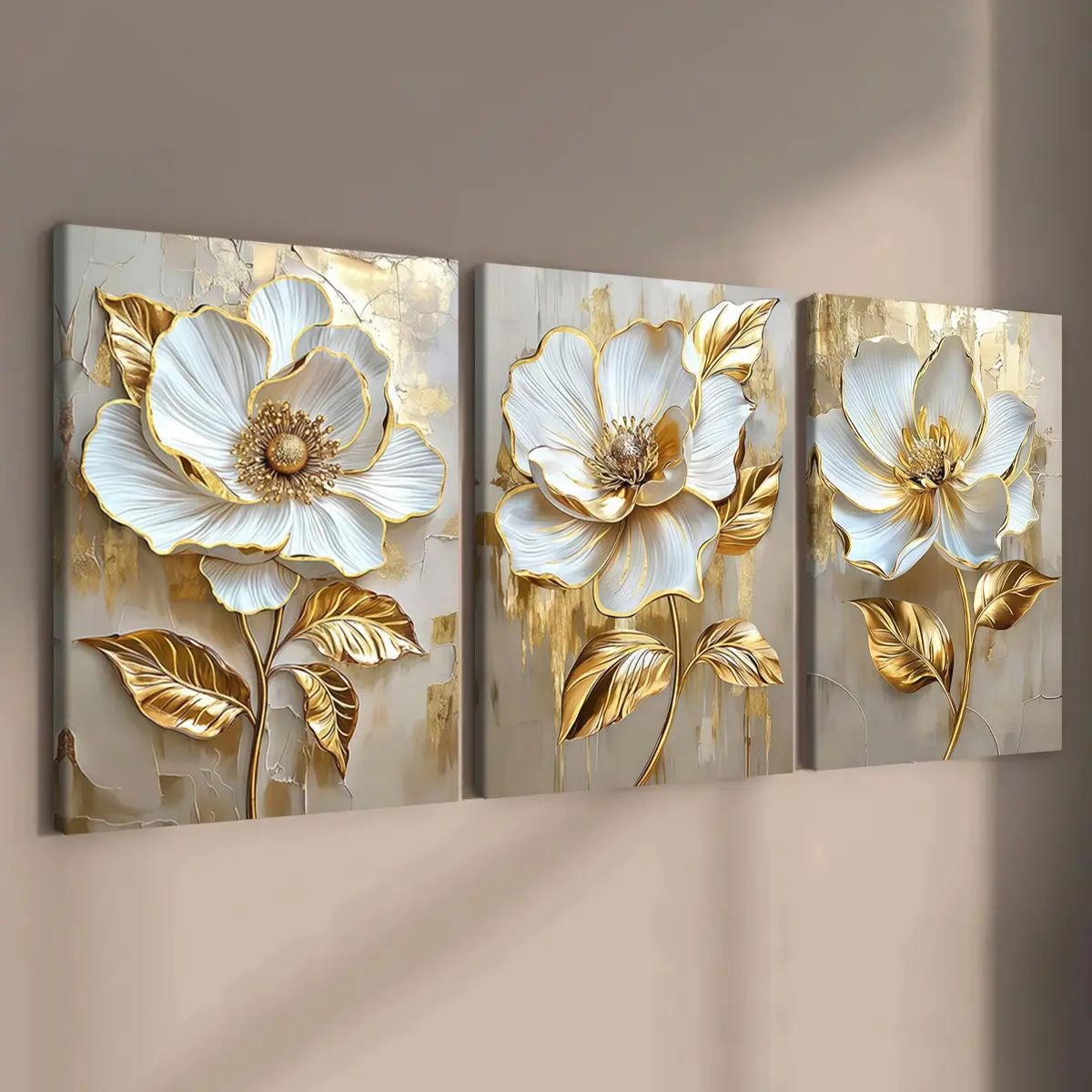 3-Pack Wood Frame Canvas Art Posters, Flower Design, Modern Home Decor, Wall, Waterproof, Ideal for Bedroom, Hallway, Office