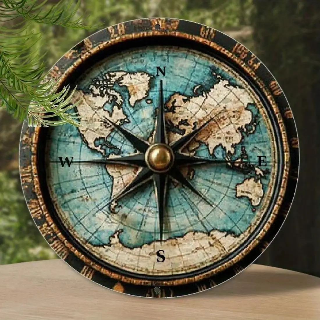 World Map Pattern Wall Art, Artistic Circular Aluminum Sign with Degree Markers, Easy Hang for Home Bar Cafe Restaurant Decor