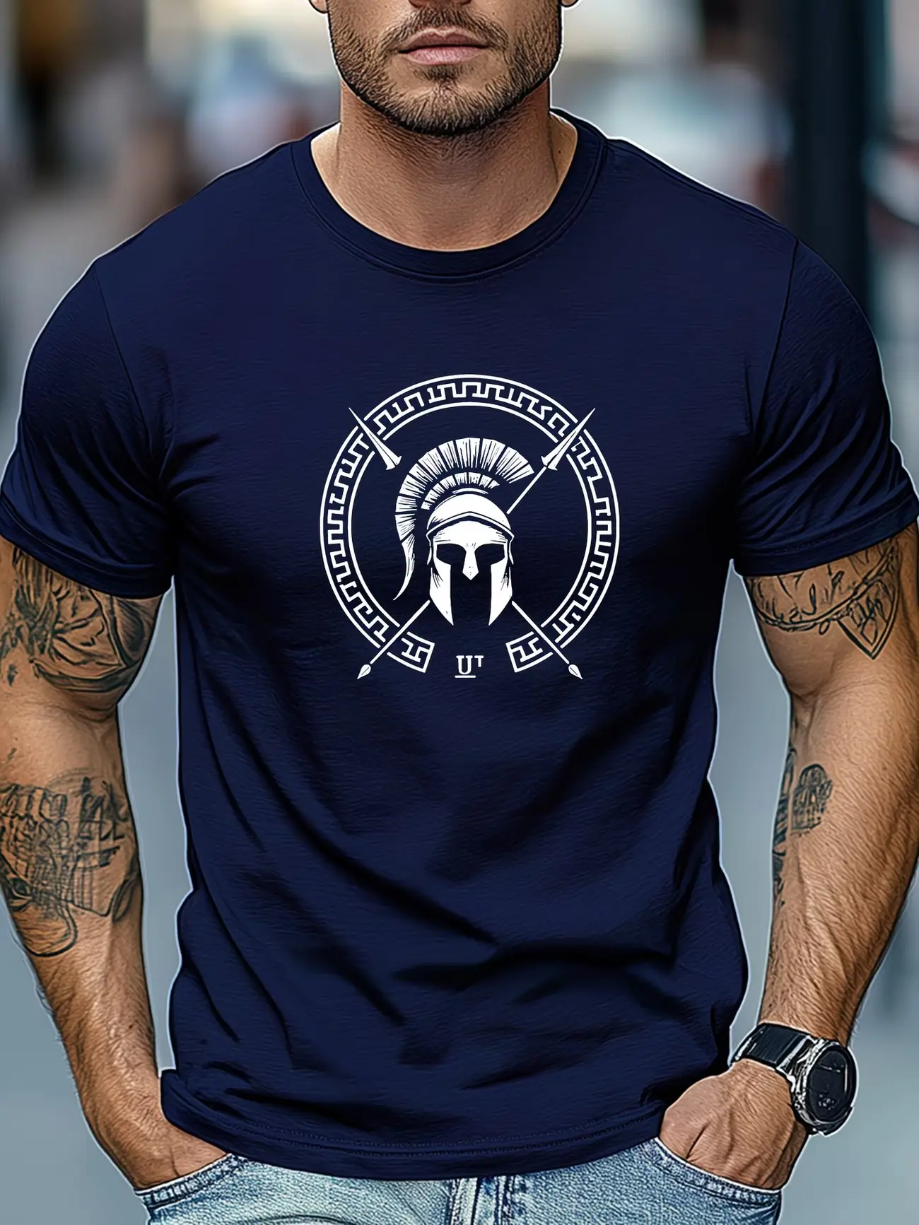 Vintage Spartan Warrior Helmet Greek Key Circle Badge Chest Tee, Ancient Spear Gladiator Short Sleeve, Soft Cotton Loose Fit Top, Unisex Gym Warrior Casual Streetwear Outfit for Men Women