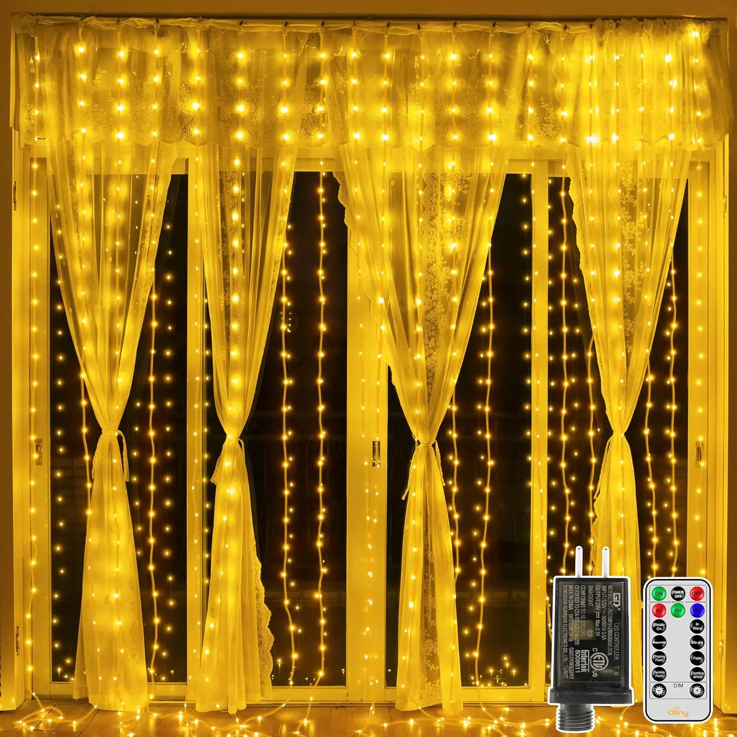 Curtain Lights 300LED 9.8ftx9.8ft, Connectable IP67 Waterproof Outdoor Curtain String Lights with Remote, Plug-in Untangle Fairy Lights with 8 Modes 3 Timers for Wall Backdrop Decor Happy New Year Valentines Day (Warm White)