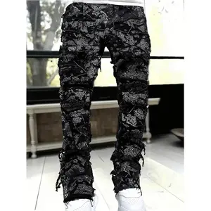 A piece of European and American style printed streetwear elastic men's straight slim-fit jeans