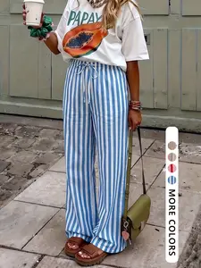 Women's Striped Linen Cotton Long Pants, Casual Wide Leg Beach Vacation Pants, Summer Beachwear, Comfortable and Stylish