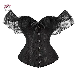 Women's Short Sleeve Corset Solid Color Tie-up Boat Neck Close-fitting Crop Tops White/Black Full Body Post-Surgery Shapewear Clothes for Daily Wear