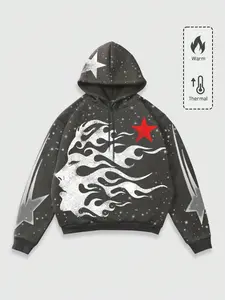 Y2K Vintage Flame Side Face Print Zip Hoodie, Streetwear Star Element Warm Hooded Sweatshirt, Fall & Winter Essential