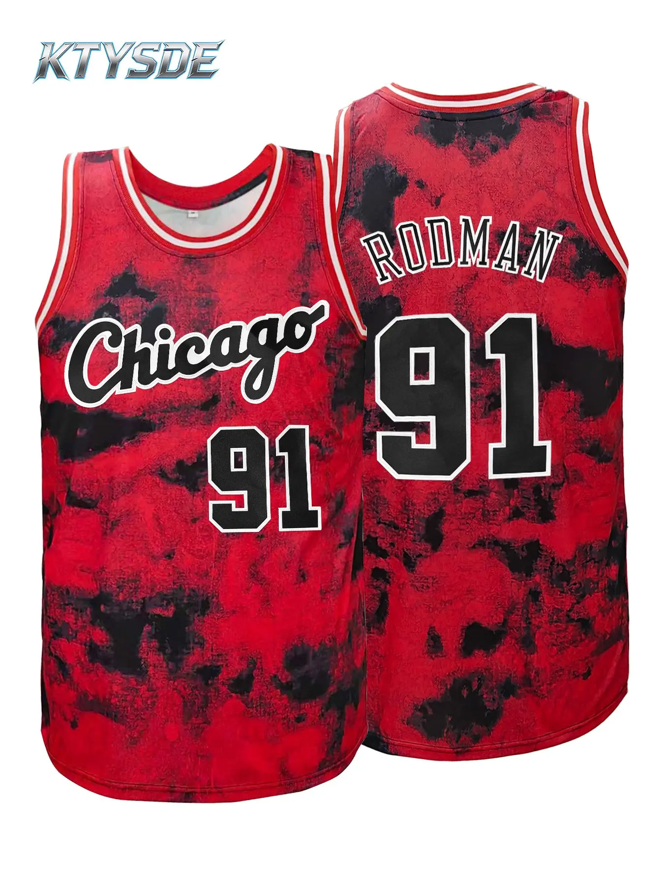 KTYSDE #91 Rodman Chicago City Tie-Dye Basketball Jersey, Basketball Clothing for Men Women, Embroidered Red Black Sleeveless Casual Sports Fan Shirt, Sports Top, Casual Sporty Top