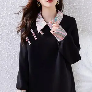 Women’s mid-length loose top in a new Chinese style with patchwork design, European sweatshirt aesthetic, belly-covering