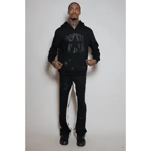 States Black Rhinestone Hoodie Stacked Flare Track Set