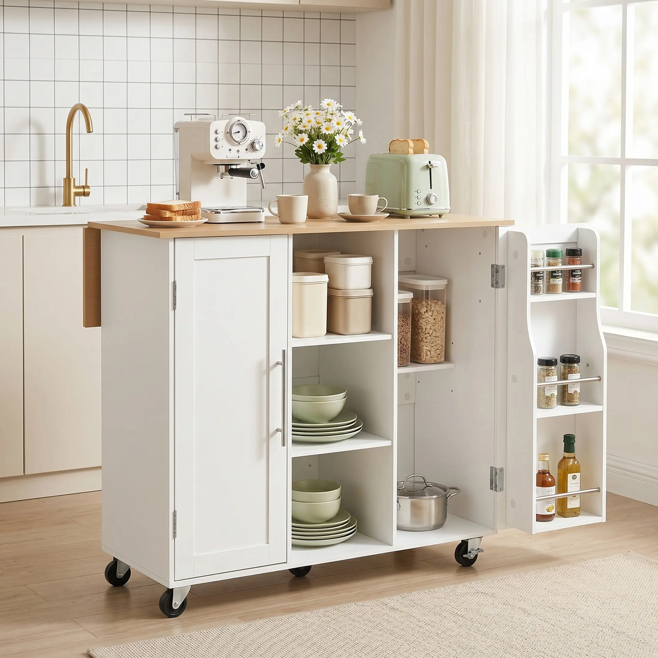 Kitchen Islands Carts with Storage Cabinets, Drop Leaf Countertop on Wheels Rolling