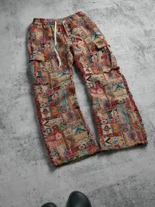 Boho Style Distressed Fuzzy Wide Leg Pants, Unique Design Workwear Trousers, Fashionable Loose Fit Jeans for Women