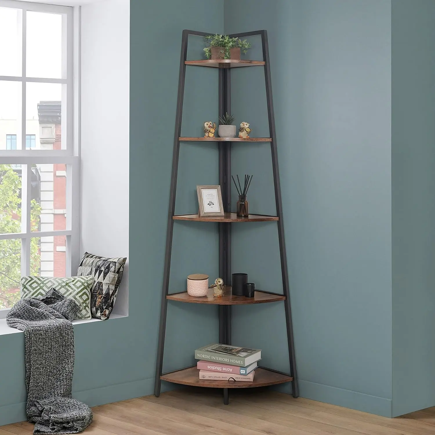 CAPHAUS Tall Corner Shelf Stand, 5-Tier Display Shelves, Ladder Corner Wood Storage Plant Bookshelf with Metal Frame, Versatile Shelving Unit Bookcase for Home Office Space