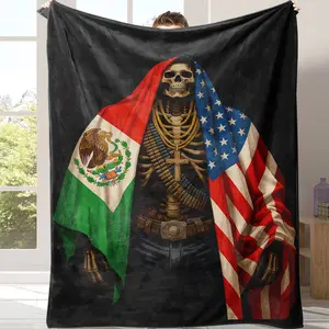 Countdown Sale! Skeleton Flannel Blanket USA Mexico Flag Print Soft Cozy Warm Lightweight AntiPilling AntiWrinkle Perfect for Sofa Bed Travel Home Decor Memorial Day Gift Patriotic Events，Suitable for giving as gifts to friends, children and parents