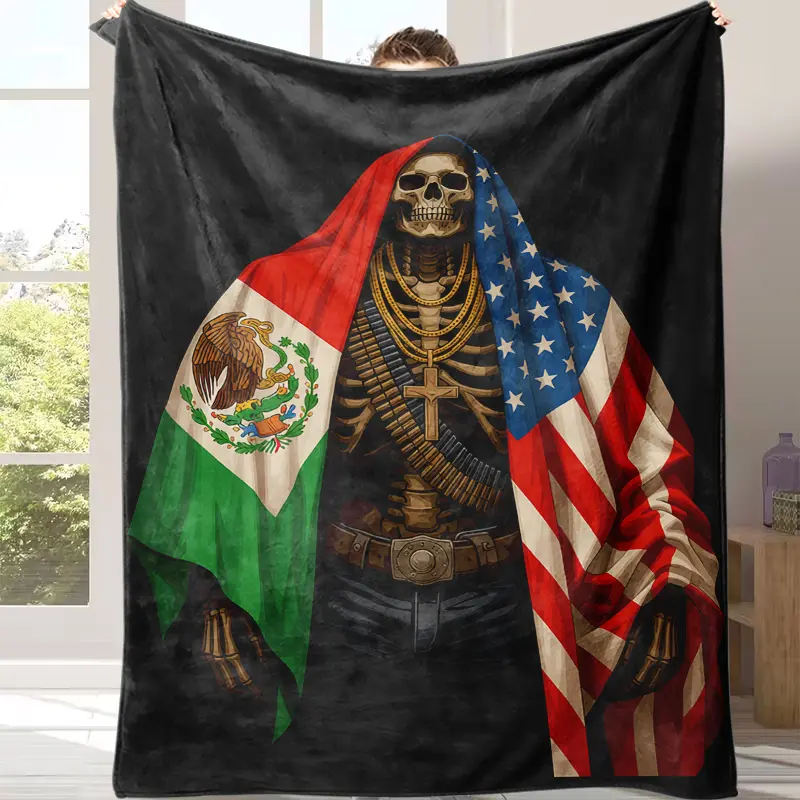 Countdown Sale! Skeleton Flannel Blanket - USA Mexico Flag Print, Flannel Fabric, Soft, Cozy Aesthetic, Warm, Lightweight, Anti-Pilling, Wrinkle Resistant, Contemporary Patriotic Home Decor, Ideal for Sofa, Memorial Day Gift, Other Patterns -