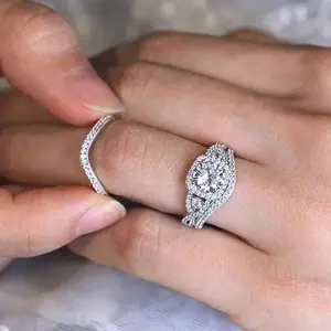 Women's 3-Pcs Cubic Zirconia Ring Set - Silver-Tone Elegant Glittering Jewelry, Bridal Engagement Ring, Ideal for Wedding, Gift for Her, Fashion Accessory, Elegant Glittering Ring