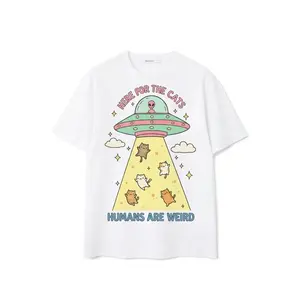 SageSprintMen's Round Neck Short-Sleeve Casual Stylish Trendy T-Shirt, Funny Vintage Cartoon Alien UFO Graphic, Retro Pastel Design, "Here for the Cats Humans Are Weird" Cat Lover Unisex Gift Top
