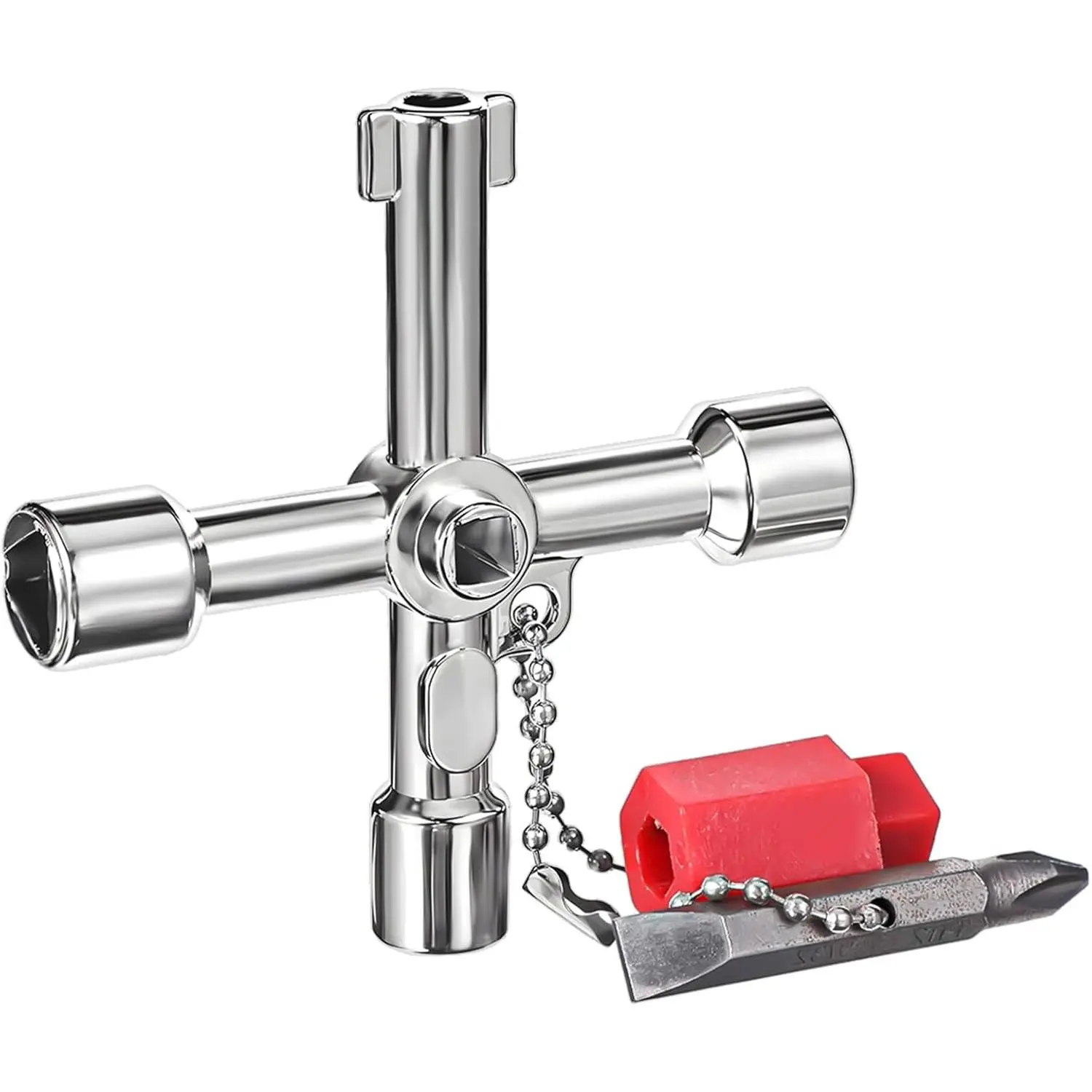 4-Way Water Key - Stainless Steel Utility Wrench, Cross-Handle Design, 7.1x7cm, Easy to Carry, Extra Double-Headed Slotted/Phillips Screwdrivers for Emergency Valve Faucet Spigots Sillcocks