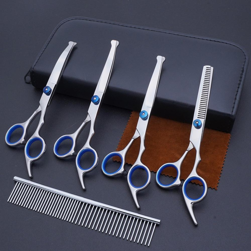 Professional 5-in-1 dog grooming scissors set, with safety round tips, made of stainless steel, sharp and durable. Also suitable for cat grooming.