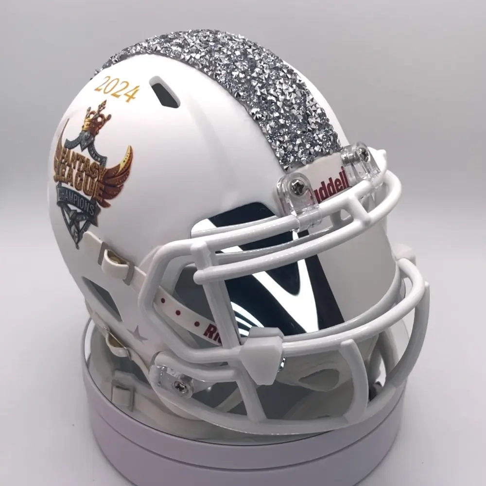 2023 Fantasy Football Championship Mini Football Helmet Trophy - Silver Crystals, Visor, Eagle Trophy, All White