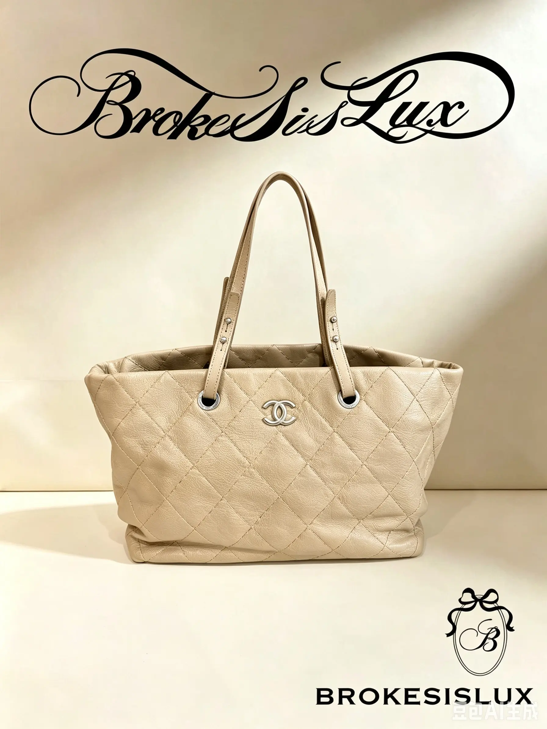 Pre-owned CHANEL Beige Grained Calfskin Diamond Quilted Tote Bag, Silver CC Logo, Dual Top Leather Handles