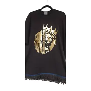 Revelation 5:5 Split Lion T-Shirt - Black Long Sleeve Crew Neck Casual Shirt with Gold Silver Metallic Design & Fringes