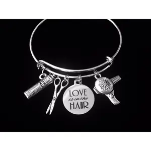Hair Stylist Charm Bracelet – Expandable Silver Bangle with Scissors, Blow Dryer, Hairspray & “Love is in the Hair” Pendant – Gift for Hairdressers & Salon Professionals