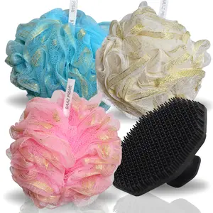 Extra Large Loofah Sponge Set (3 Pack) + Silicone Face Scrubber | Men & Women Shower Accessories | Exfoliating Bath Pouf for Body Wash