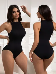 1pc Women's Abdominal Shapewear Bodysuit - Tummy Control Full Coverage Body Shaper Suit with Adjustable Halterneck Neckline & Triple Buttonhole Closure, Postpartum & Gym Wear, Medium Compression (No Underpad) Bodysuit Womenswear Underwear