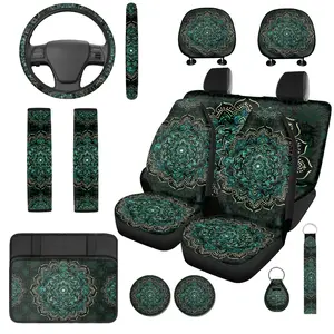 Boho Car Seat Covers Mandala Flower Auto Interior Accessories 13 Piece Set,Seat Covers +Steering Wheel Grip +Armrest & Shoulder Pads +Headrest Protector, Gift for Women Men Decor
