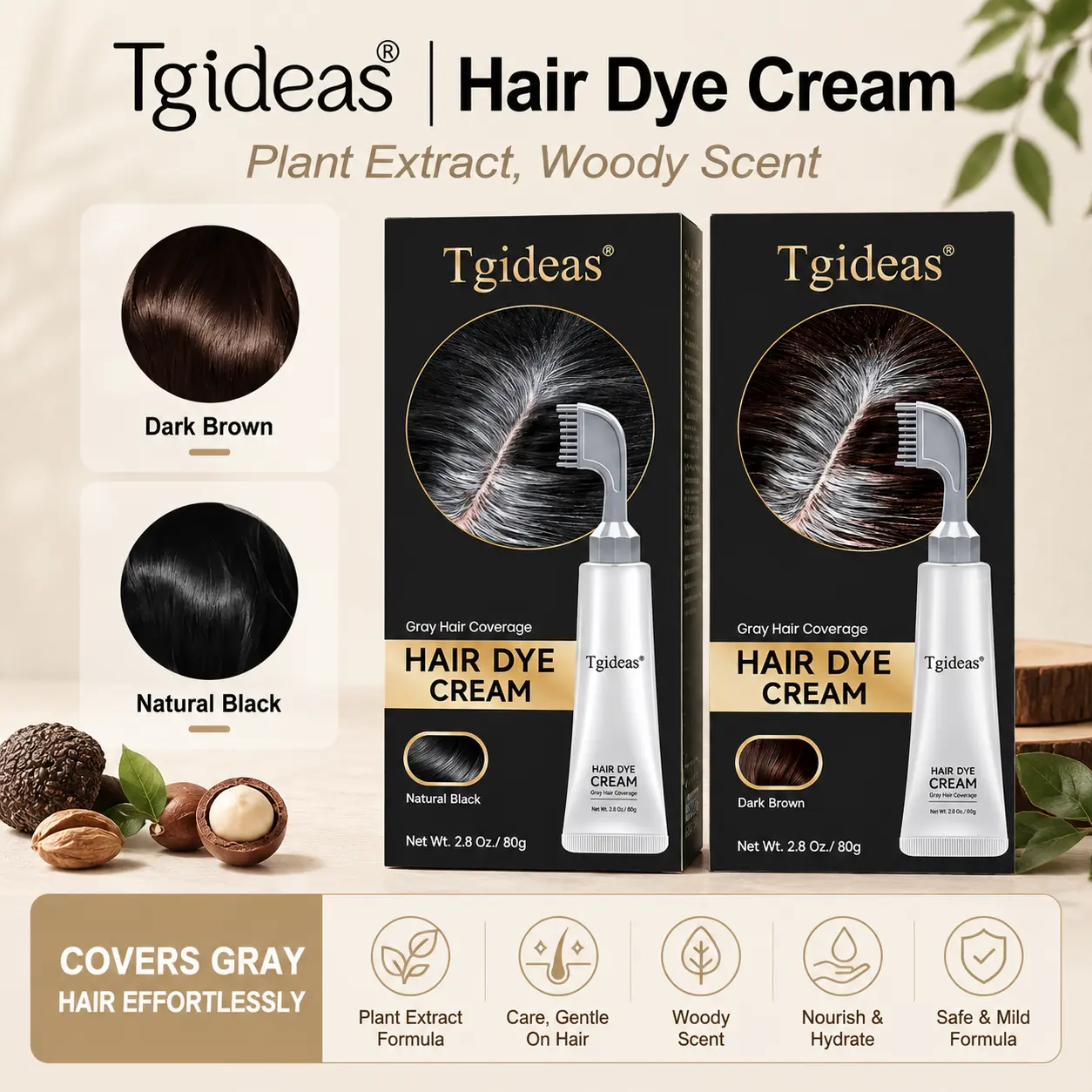 Tgideas Hair Dye Comb / Hair Dye Cream — Portable Home Use, triple treatment, contains hyaluronic acid, 100% coverage of gray hair, available in black and brown, 1 box (includes hair dyeing tools).