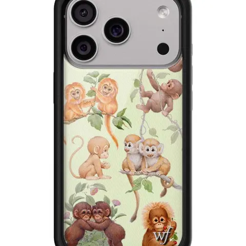 Wildflower Custom Monkey Biz Limited Edition Rubber Cellphone Case - Shockproof Durable Protector with Raised Black Bumper, Pastel Green Background, Brown Branches, Leaves, 10 Monkeys - Women's Owned Small Business Handheld Device Accessory, Gift for Her