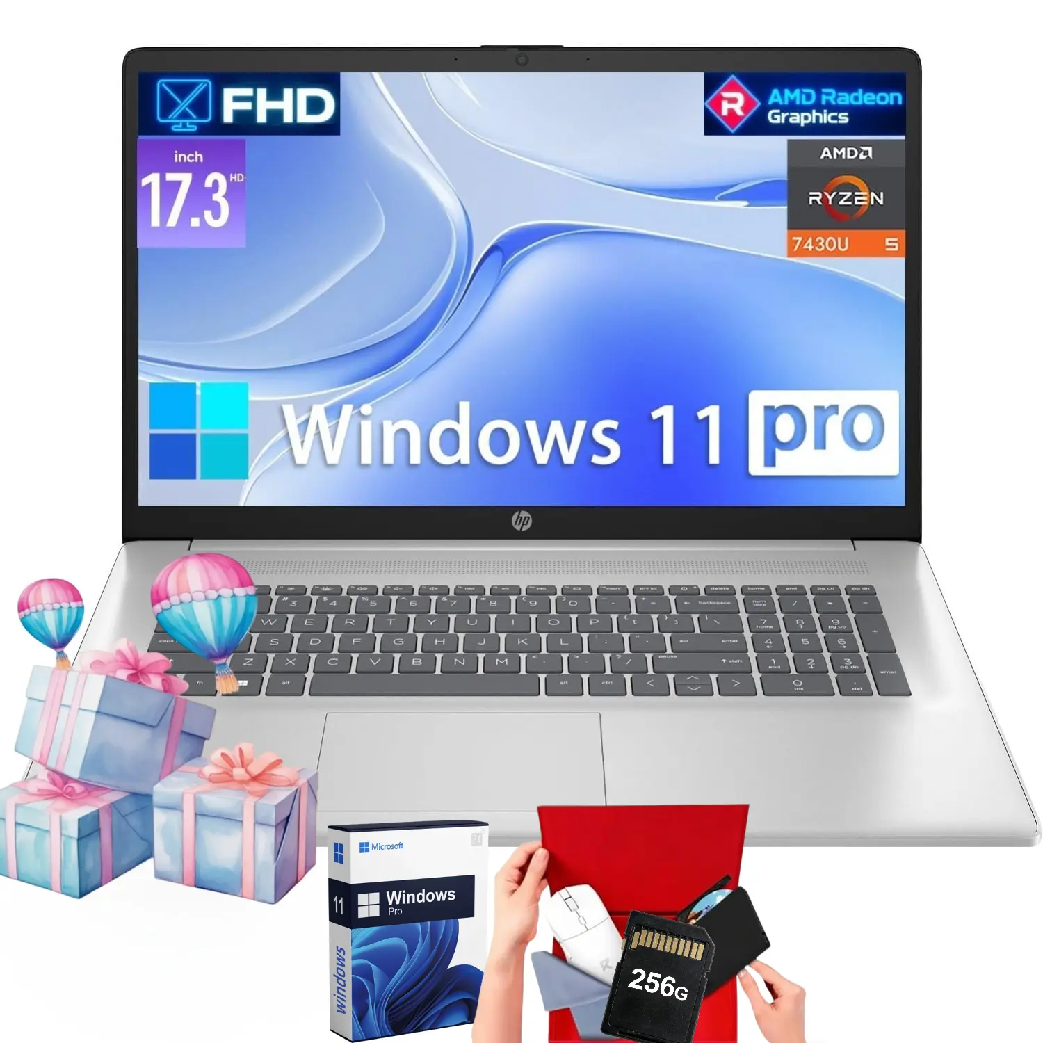HP 17-inch Laptop for Business and Student - up to 32GB RAM, 512GB SSD, AMD Ryzen 5 7430U, Windows 11 Pro, Fast Charge, Wi-Fi 6, 17.3” FHD Anti-Glare Display,Bundle Accessory
