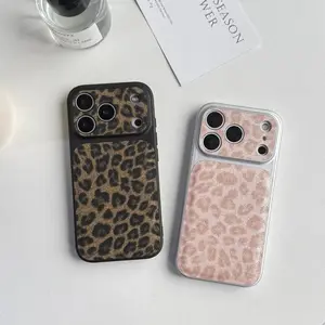 Retro Personality Pink Brown Leopard Print Glitter Big Window Phone Cover Case for iPhone 17 16 15 14 Pro Max