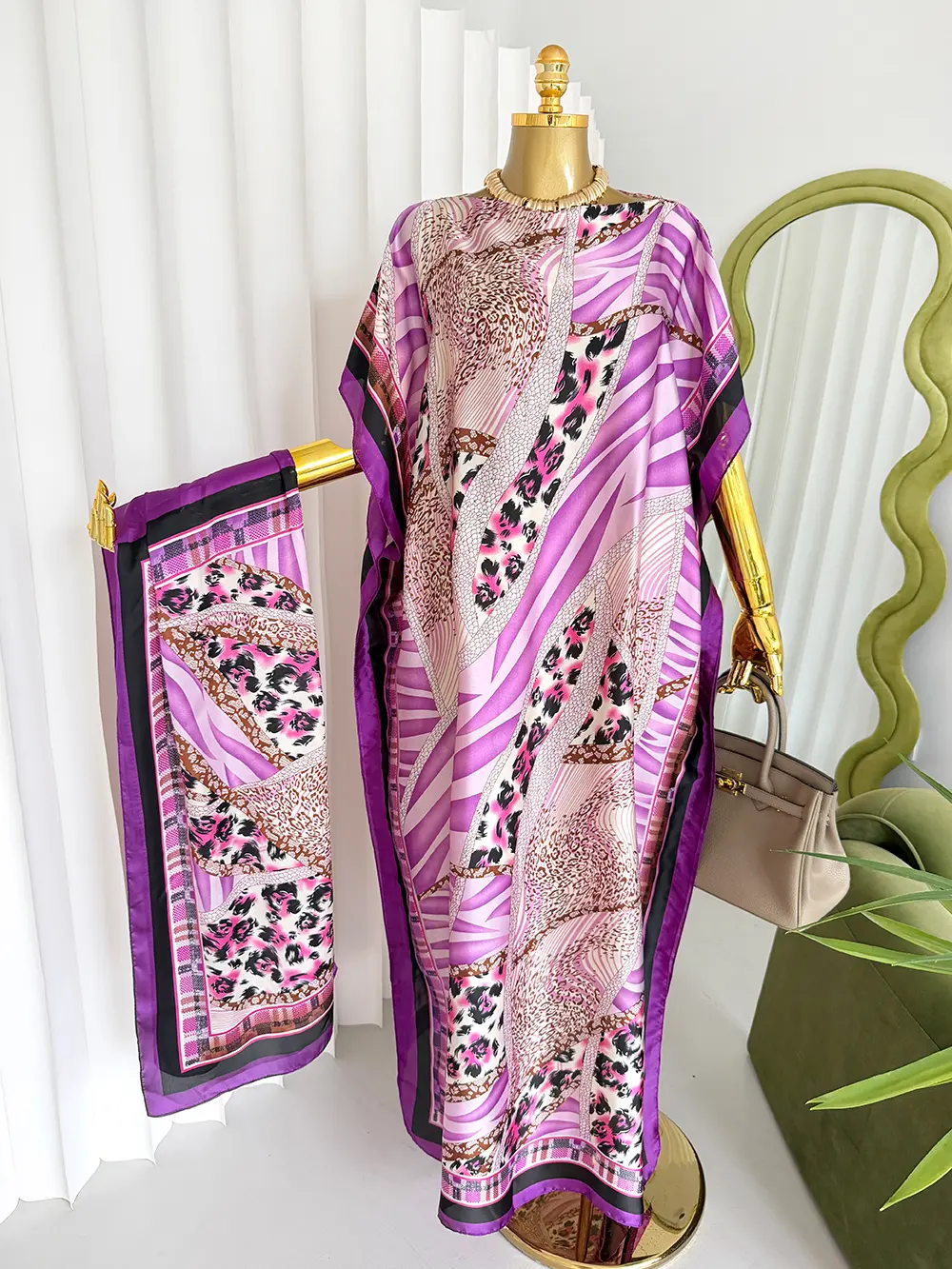 Women's Purple Leopard Print Chiffon Kaftan Maxi Dress & Scarf Set - Loose-Fit Long Robe, Boho Beach Cover-Up, Summer Vacation Casual Lounge Wear, Chiffon Dress
