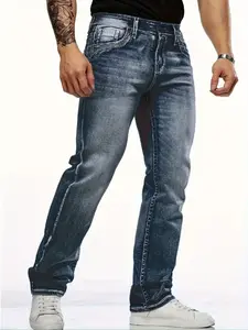 Men's Regular Fit Embroidery Pocket Design Jeans, Casual Comfy Slim-fitting Streetwear Embroidered Denim Jeans for Daily Wear, Fashion Men's Bottoms for All Seasons