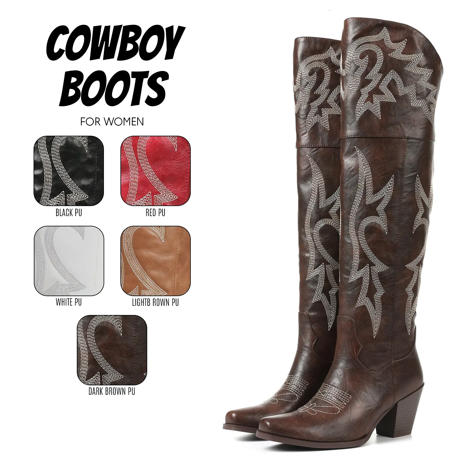 Womens Cowboy Boots Pointed Toe Embroidered Chunky Block Heel Side Zipper Closure Easy Pull on Comfy Wide CalfOver the Knee Retro Classic Western Spring Summer Party Country Wedding Festival Riding Dress Long Tall Cowgirl Shoes