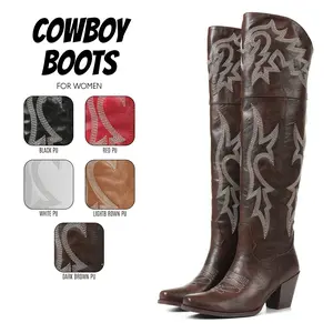 Womens Cowboy Boots Pointed Toe Embroidered Chunky Block Heel Side Zipper Closure Easy Pull on Comfy Wide CalfOver the Knee Retro Classic Western Spring Summer Party Country Wedding Festival Riding Dress Long Tall Cowgirl Shoes