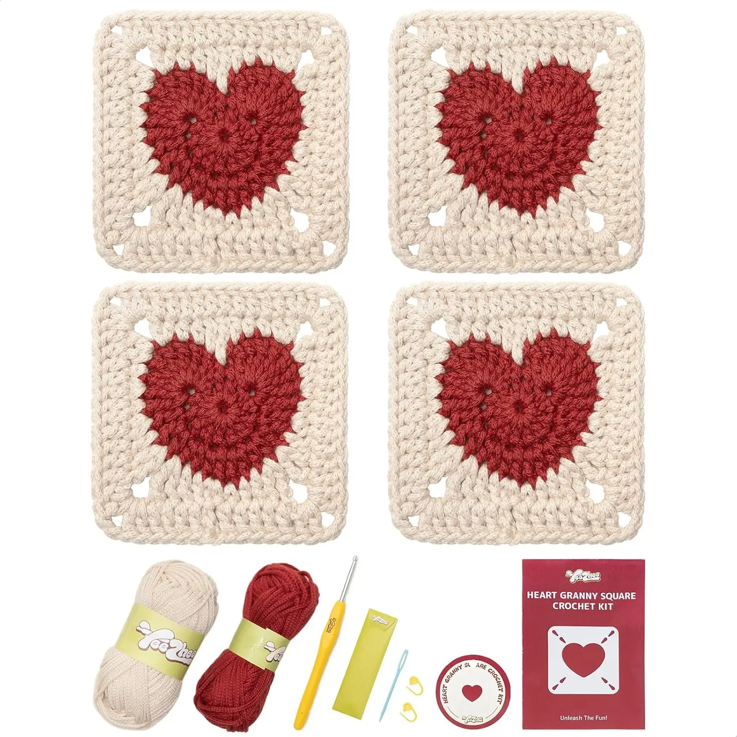 Yeezhee Crochet Kit for Beginners, Granny Square Starter Kit with Step-by-Step Video Tutorials, Knitting Kit for Adults & Teens Including Yarn, Crochet Hook, Heart | Step-by-Step Crochet Kit for beginners, Yarn, Crochet Hook, Heart Shape, Adults Gift