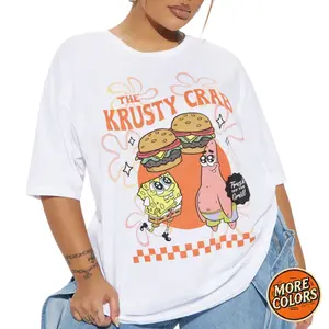 The Krusty Crab T-Shirt, SpongeBob and Patrick Burger Graphic, Short Sleeve Crew Neck, Unisex Cotton Tee, Fun Gift For Him, Gift For Her, Casual Graphic Top, For Men, For Women, 90s Cartoon Tshirt, Retro SpongeBob Streetwear