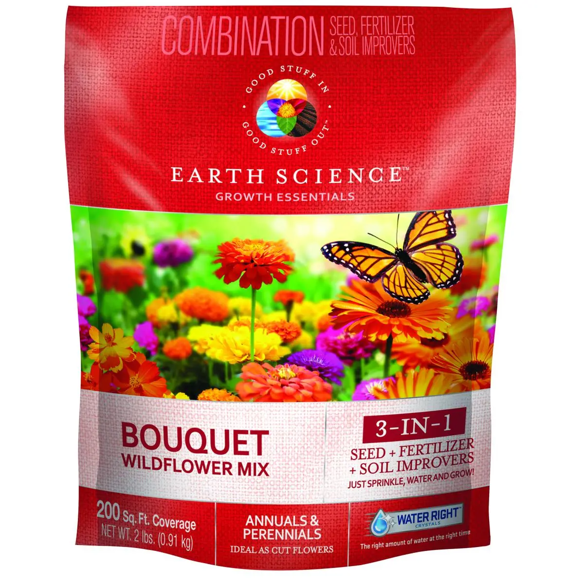 Earth Science Encap All-In-1 Formula Wildflower Bouquet Mix - 2 lbs, Mulch with Patented Water Right Crystals, Covers 200 sq ft, All-In-One Formula